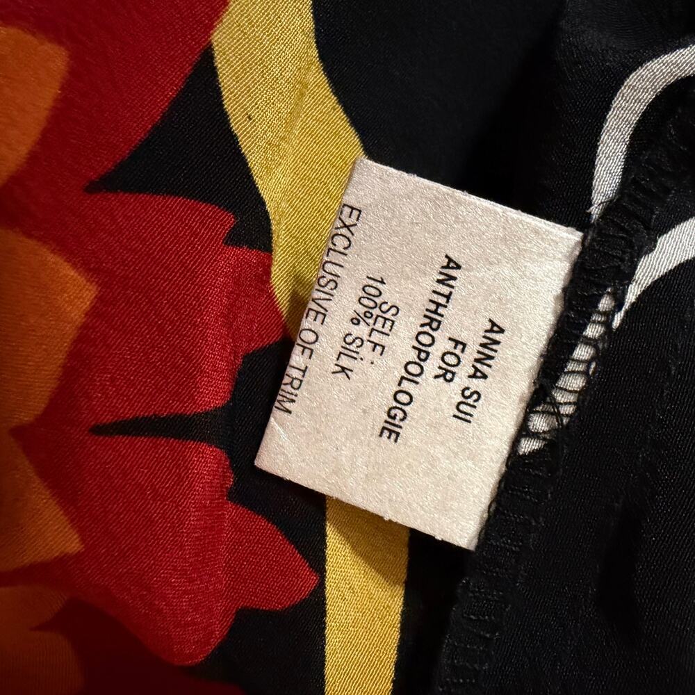 Anna Sui Anthropologie Silk Tie Straps Floral Dress Small S Black Smocked - Picture 5 of 13